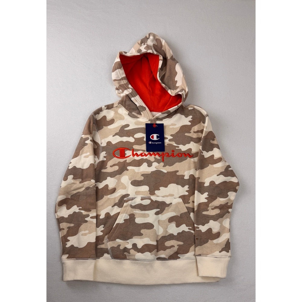 Champion Camo Pullover Hoodie Sweatshirt Orange Logo Fleece Youth Small NWT